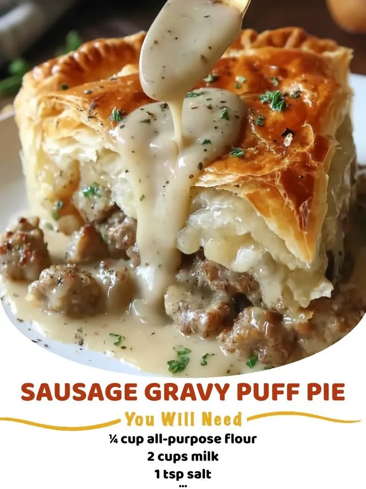 Sausage Gravy Puff Pie served with fresh herbs and flaky crust