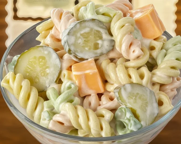Creamy dill pickle pasta salad featuring rotini pasta, pickles, and a tangy dressing.