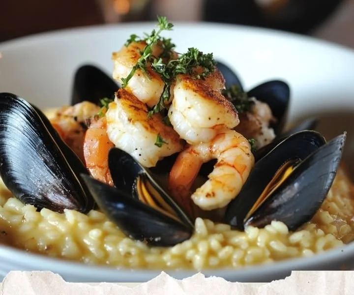 Delicious seafood risotto with shrimp and scallops served on a plate