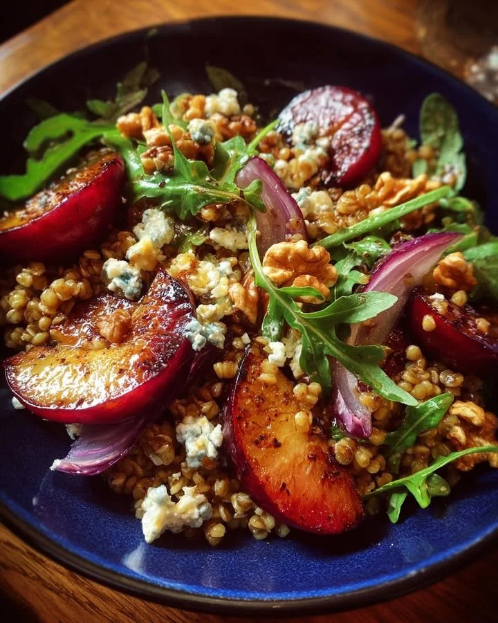 Seared Plum and Blue Cheese Freekeh Salad with vibrant ingredients.