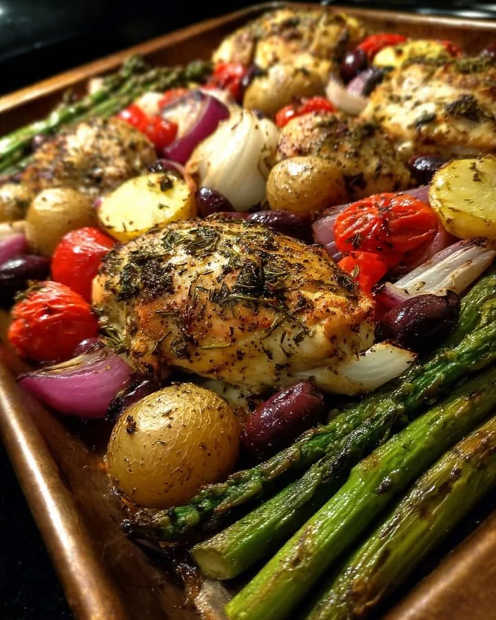 Sheet Pan Greek Chicken with roasted vegetables on a baking sheet
