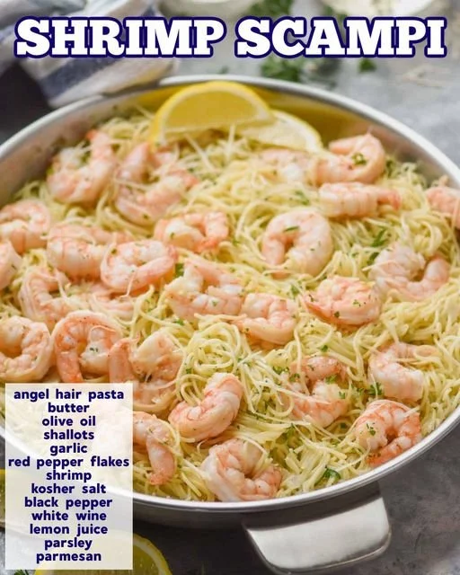 Plate of shrimp scampi with pasta, garlic, and herbs