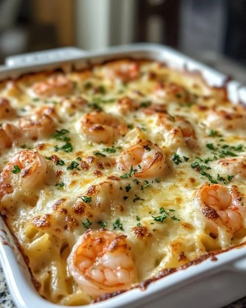 Delicious Shrimp Scampi Pasta Bake topped with herbs and cheese