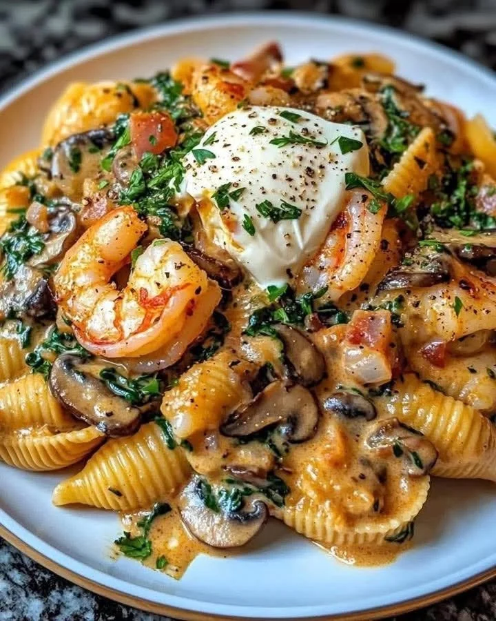 Shrimp shells cooked with spinach and creamy mushrooms on a plate.