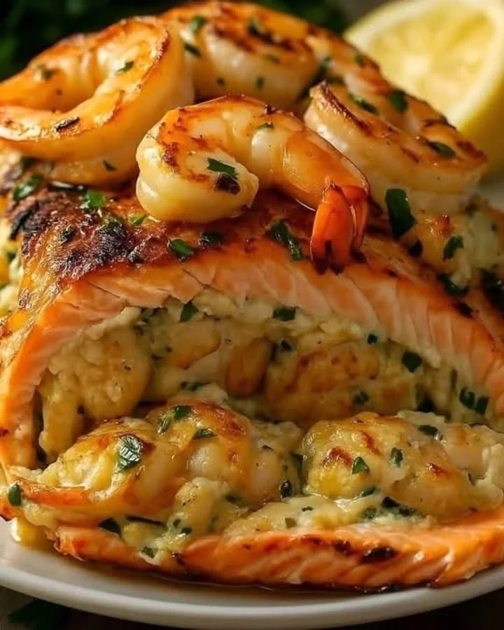 Delicious shrimp-stuffed salmon drizzled with lemon garlic butter sauce.