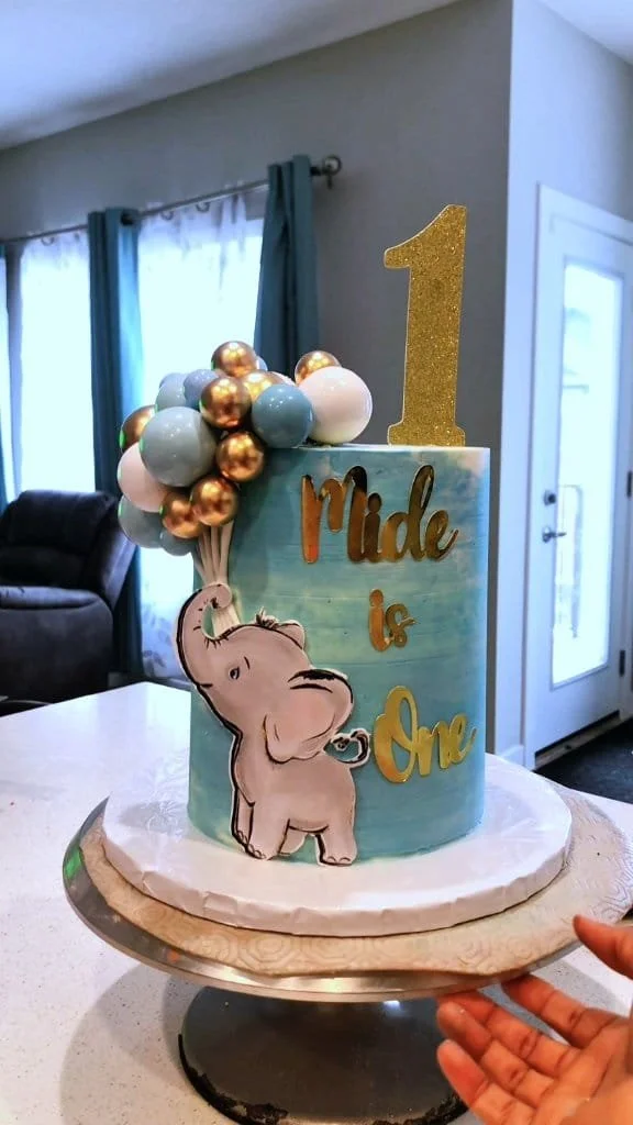 Cute elephant cake for baby's first birthday celebration