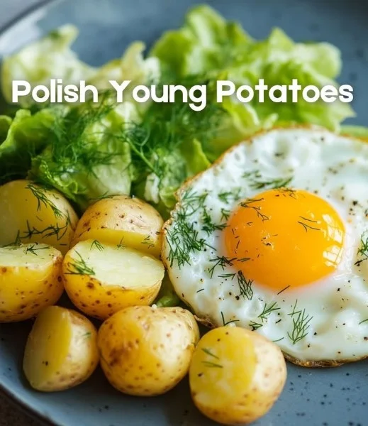 Simple Polish young potatoes served with herbs and butter.