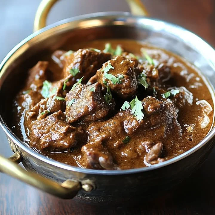 Slow-cooked lamb vindaloo with spices and sauce in a bowl