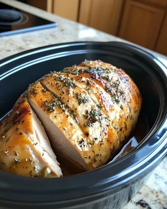 Slow cooker Amish maple turkey breast garnished with herbs in a serving dish.