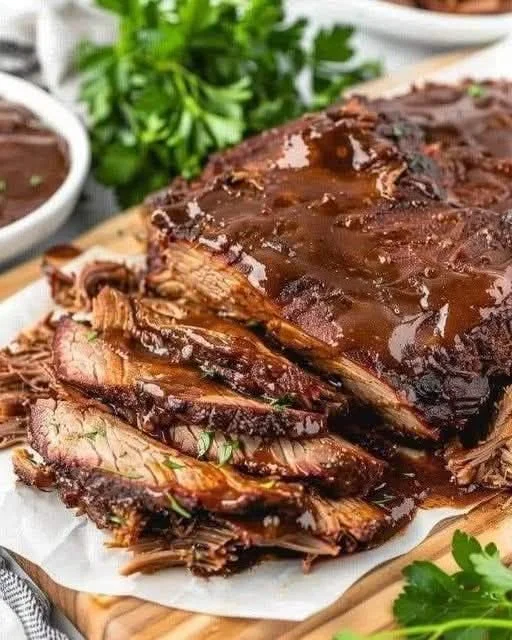 Delicious slow cooker beef brisket served with sides