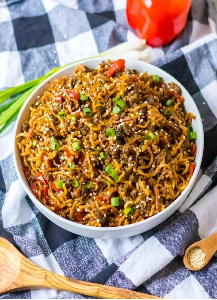 Delicious Slow Cooker Beef Ramen Noodles in a bowl with toppings