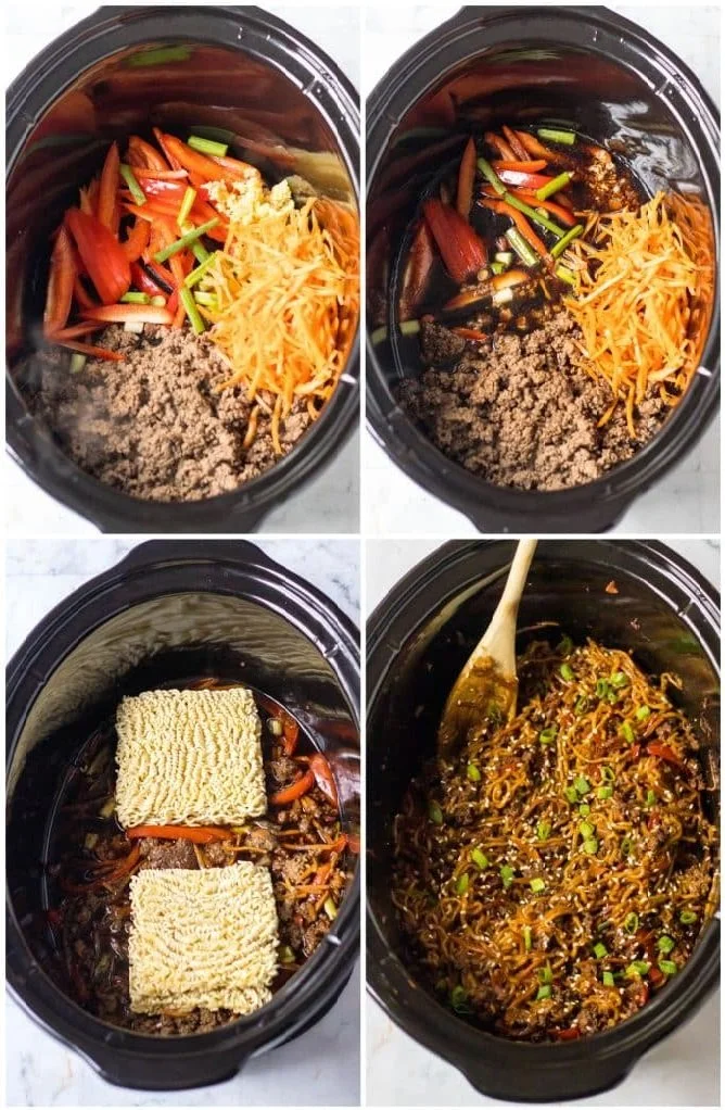 A bowl of Slow Cooker Beef Ramen Noodles topped with green onions and sesame seeds.