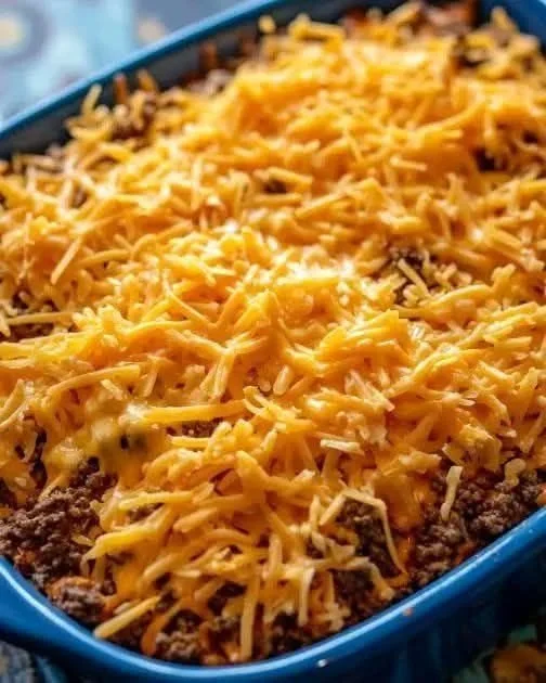 Delicious Slow Cooker Cheesy Taco Casserole served in a dish