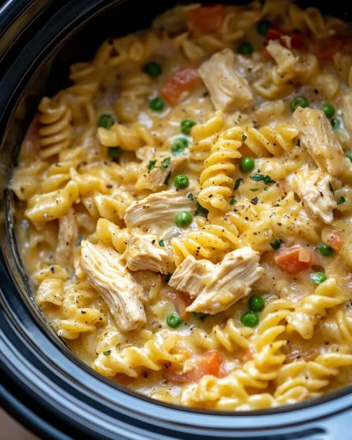 Delicious slow cooker chicken pot pie pasta in a bowl