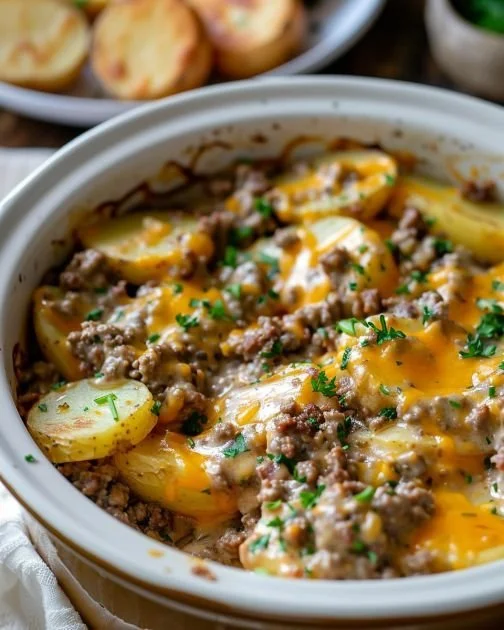 Delicious Slow Cooker Cowboy Potato Casserole in a serving dish