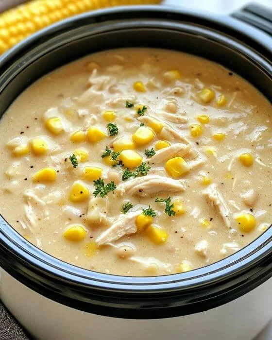 Slow cooker creamy white chicken chili with corn in a bowl
