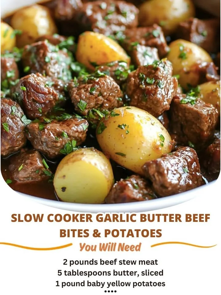 Slow Cooker Garlic Butter Beef Bites served with potatoes