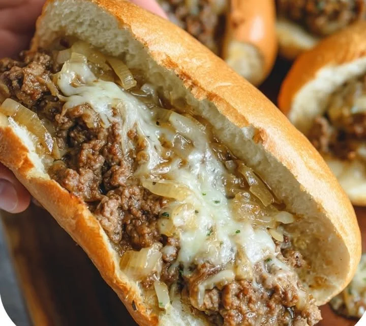 Slow cooker ground beef French dip sandwich served with au jus for dipping