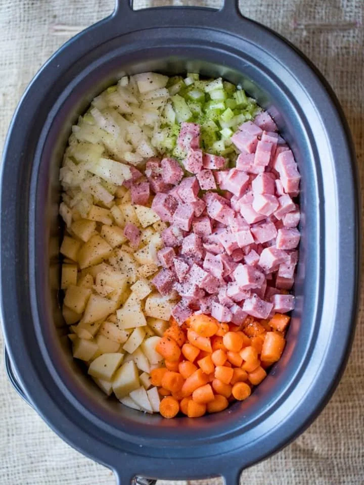 Bowl of Slow Cooker Ham and Potato Soup garnished with herbs
