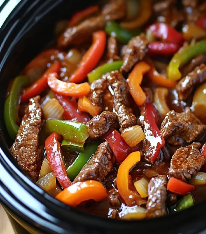 Delicious slow cooker pepper steak served with vegetables