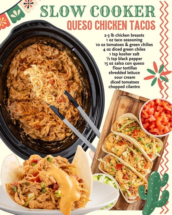 Slow Cooker Queso Chicken Tacos topped with fresh cilantro and jalapeños