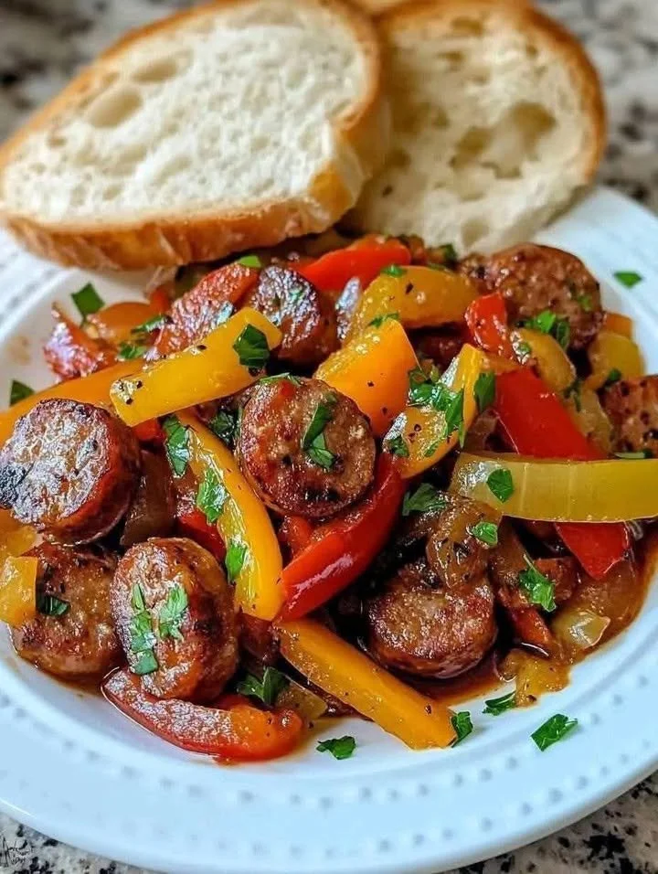 Delicious slow cooker sausage and peppers served on a plate