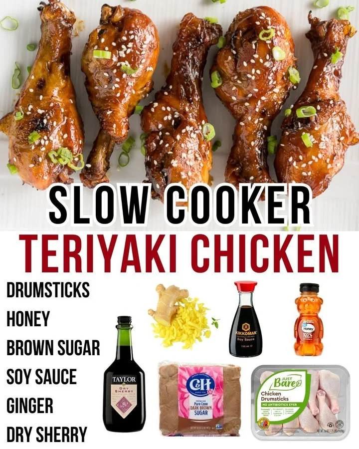 Delicious slow cooker teriyaki chicken garnished with sesame seeds and green onions.