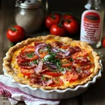 Delicious smoky cheddar bacon tomato pie with fresh herbs and crispy topping