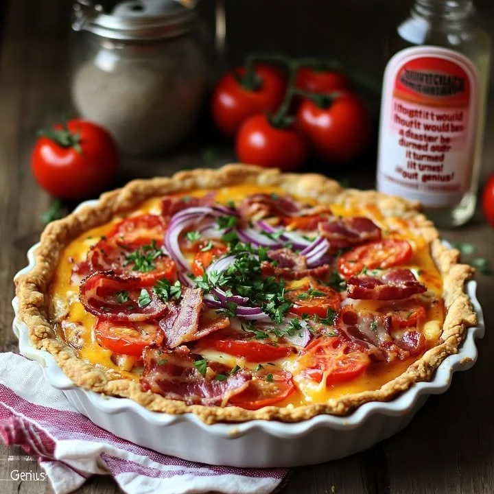 Delicious smoky cheddar bacon tomato pie with fresh herbs and crispy topping