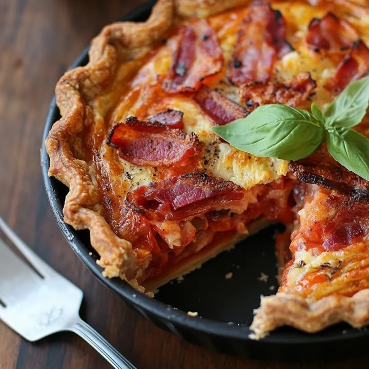 Smoky Southern Tomato Bacon Pie served with fresh herbs