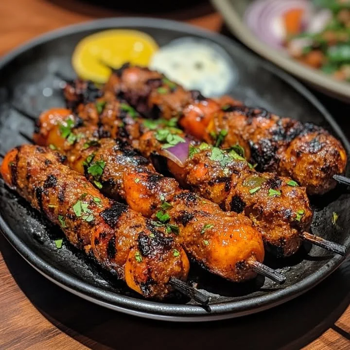 Smoky and succulent charcoal-grilled seekh kebabs served on a platter.