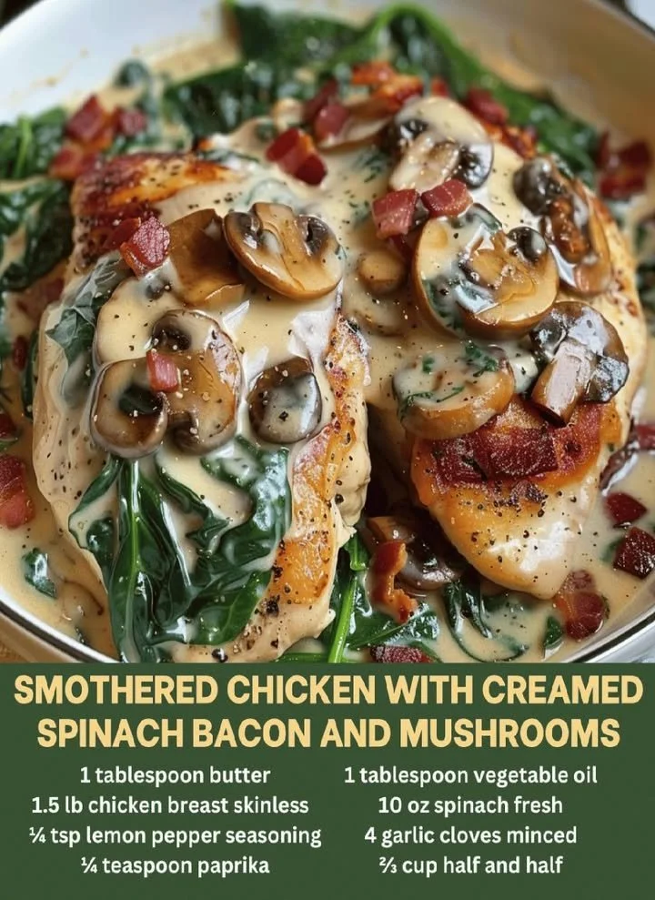 Smothered chicken dish with creamed spinach, bacon, and mushrooms
