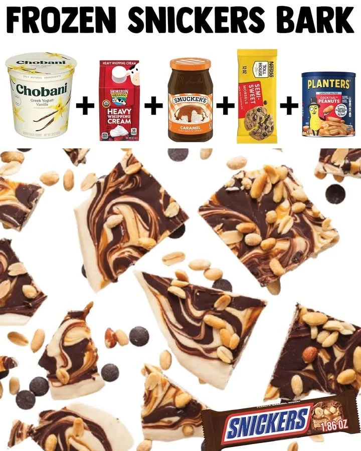 Delicious Snickers Frozen Bark dessert topped with chocolate and peanuts.
