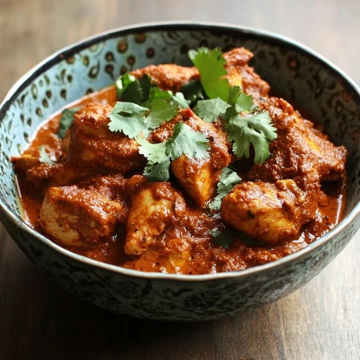 A delicious bowl of Chicken Rogan Josh topped with fresh herbs and spices.