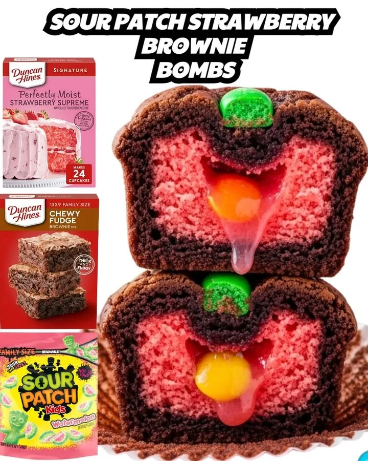 Delicious Sour Patch Strawberry Brownie Bombs stacked on a plate.