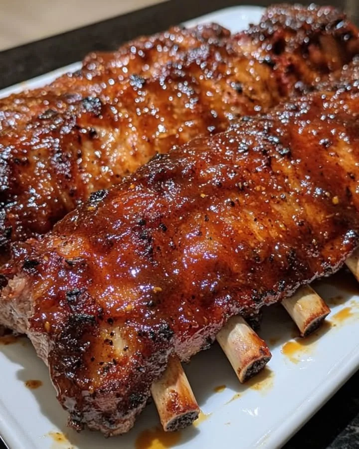 Southern BBQ ribs drizzled with honey garlic sauce on a grill plate