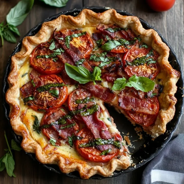 Delicious Southern Tomato Bacon Pie with crispy bacon and fresh tomatoes