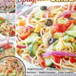 Colorful spaghetti salad with vegetables and dressing in a bowl