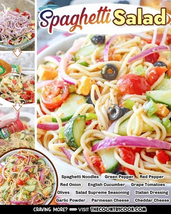 Colorful spaghetti salad with vegetables and dressing in a bowl