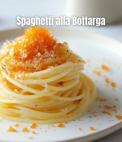 Spaghetti with bottarga served on a plate, garnished with herbs.