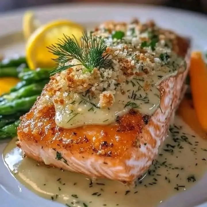 Herb-crusted salmon with lemon-dill sauce served on a plate