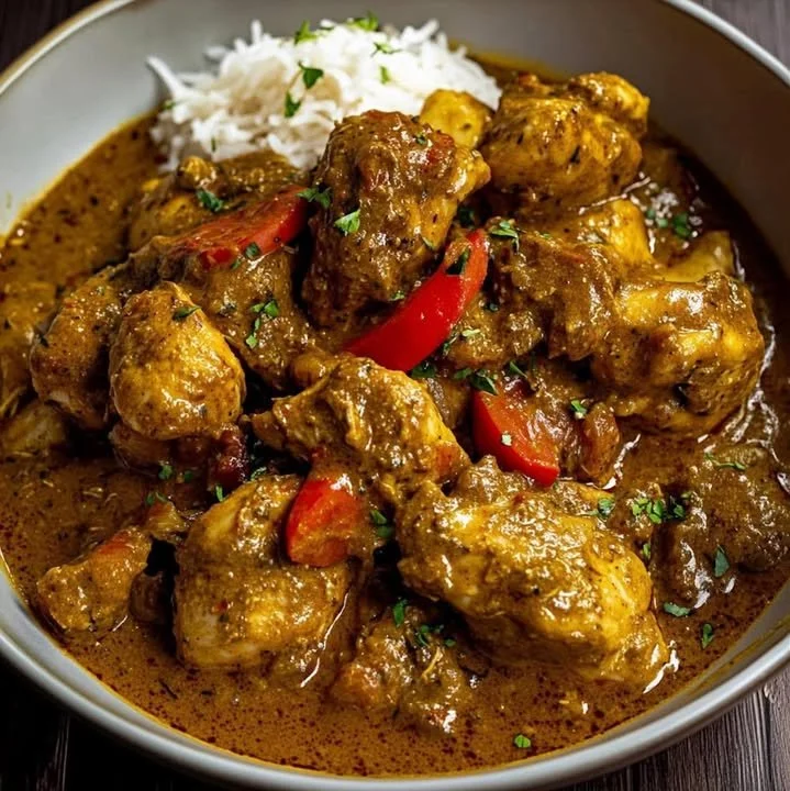 Bowl of Spicy Caribbean Coconut Chicken Stew with fresh herbs and spices
