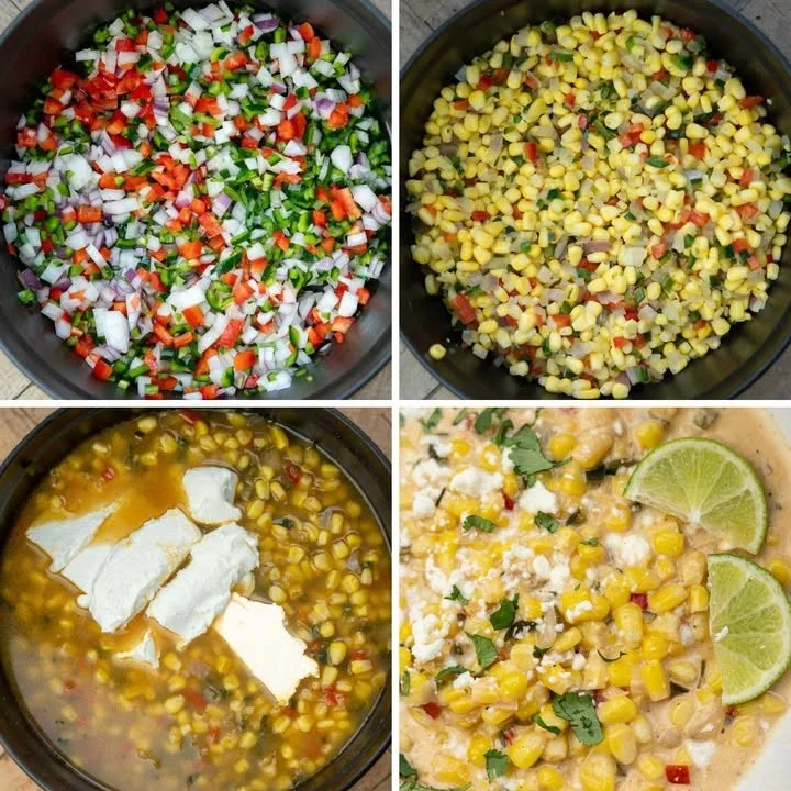 A steaming bowl of spicy corn chowder garnished with herbs and spices