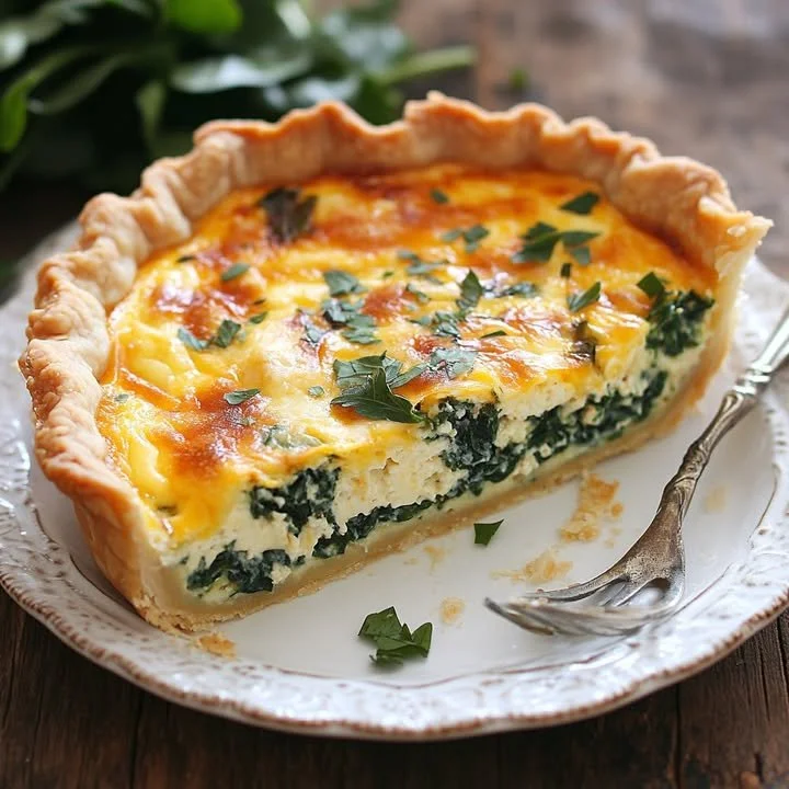 Spinach and smoked cheddar quiche slice on a plate