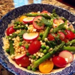 A colorful bowl of Spring Couscous Salad with fresh vegetables and herbs