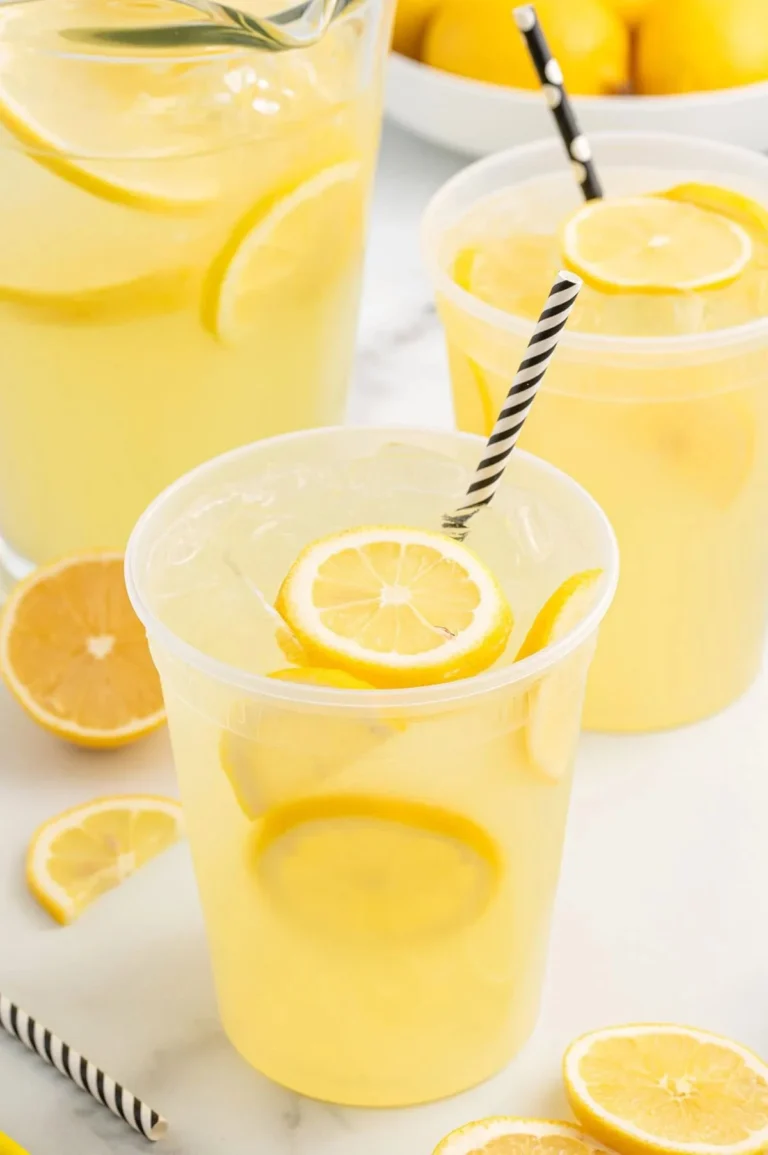 Glass of State Fair Lemonade served with ice and a lemon slice