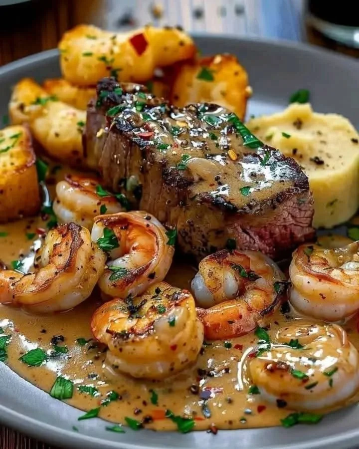 Steak topped with creamy Cajun shrimp sauce, showcasing a surf and turf dish.