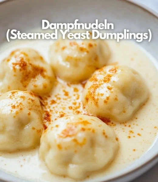 Delicious steamed dumplings drizzled with creamy vanilla sauce