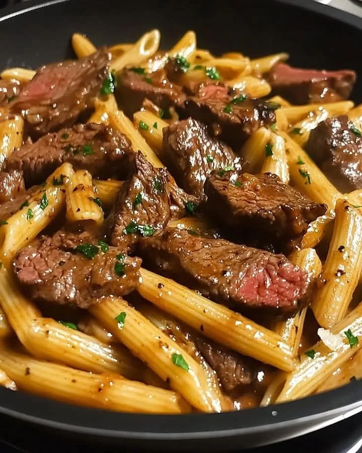 Plate of Sticky Honey BBQ Steak Pasta with creamy penne and garnishes