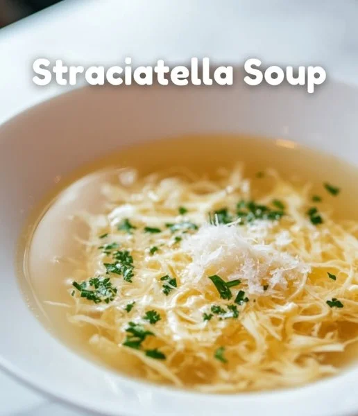 Bowl of savory Stracciatella Soup garnished with herbs and cheese